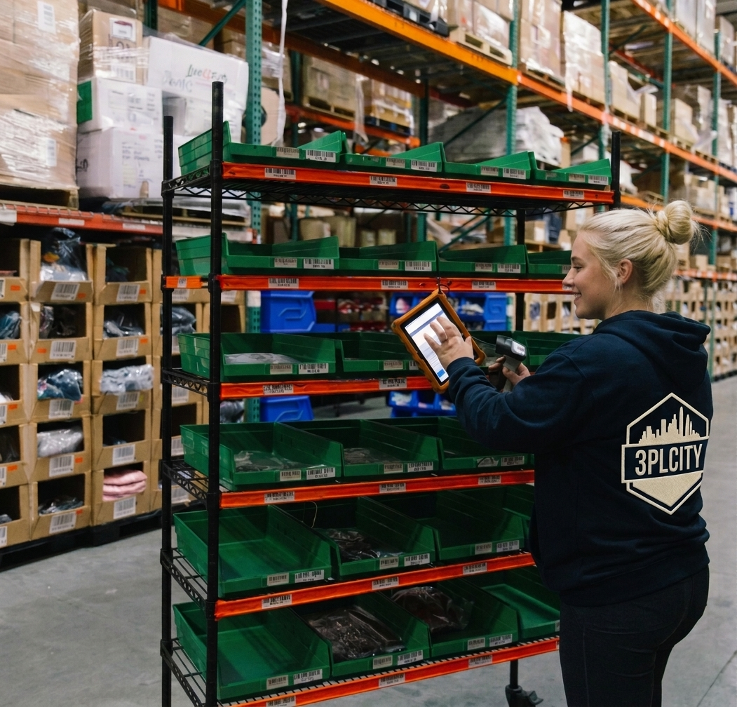 A blonde female warehouse employee wearing a navy blue 3PLCity branded hoodie, using a tablet and handheld scanner to pick orders from green bins on a metal rack in a large fulfillment center.
