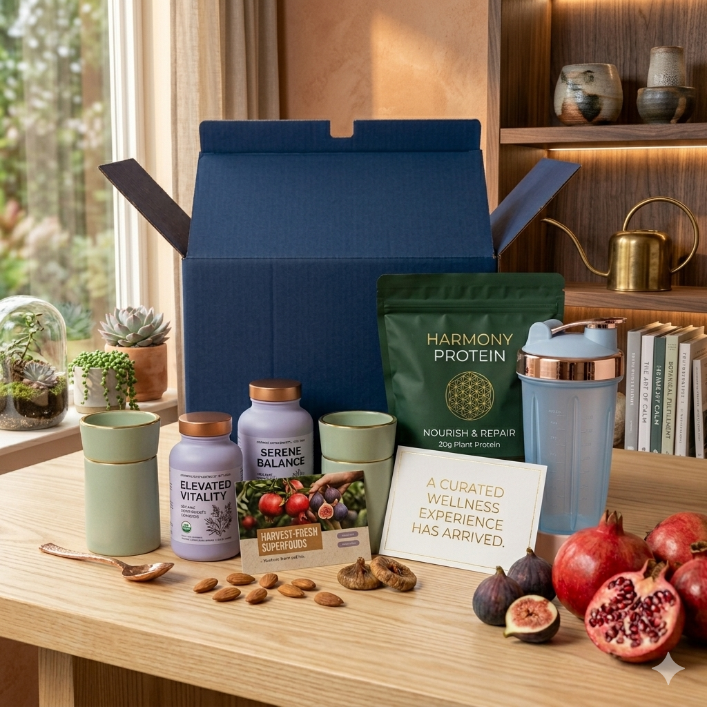 A professional arrangement of supplement bottles, a protein pouch, and a shaker bottle in front of a blue shipping box on a wooden table.