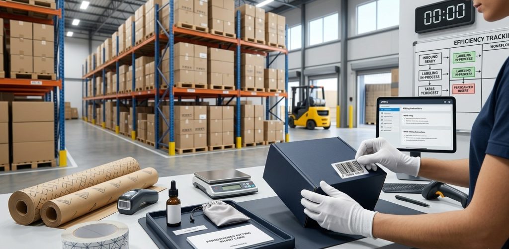 Professional FBA prep services in a Los Angeles warehouse, showing a specialist applying FNSKU labels and performing quality inspections for Amazon seller compliance.