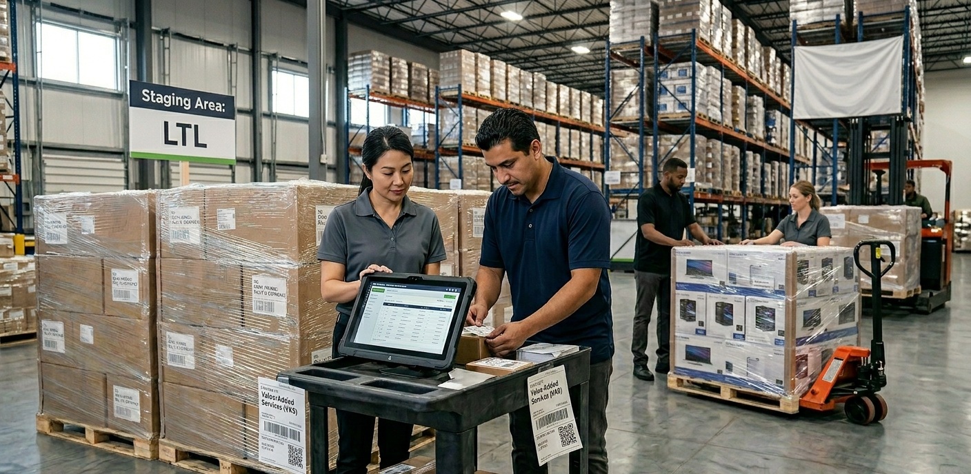 Logistics team performing value-added services and retail kitting in an unbranded B2B fulfillment center, featuring a staging area for LTL shipping and professional inventory management software.