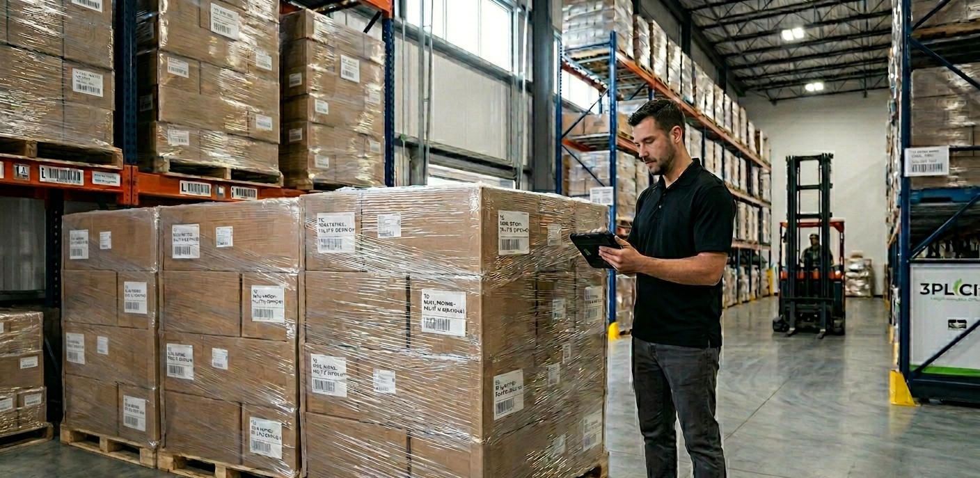 B2B Fulfillment specialist at a modern warehouse finalizing a large, six-pallet wholesale shipment of shrink-wrapped crates with QR code labels, utilizing a handheld tablet for inventory tracking and EDI integration.