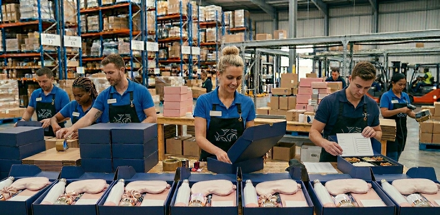 Logistics team carefully preparing and packing premium influencer send-outs and PR packages in a professional warehouse; specialized fulfillment for high-profile brand campaigns and unboxing experiences.
