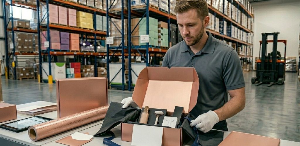 Professional fulfillment specialist performing white-glove custom kitting for an influencer PR campaign, featuring luxury rose gold packaging, silk ribbons, and meticulous product placement.